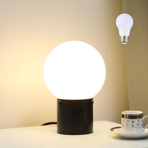 Somniferous Small Table Lamp for Nightstand with Frosted Glass Globe Lamp Shade, Mid Century Modern Bedside Lamp with Black Metal Base, Round Side Table Lamp for Bedroom Living Room Entryway