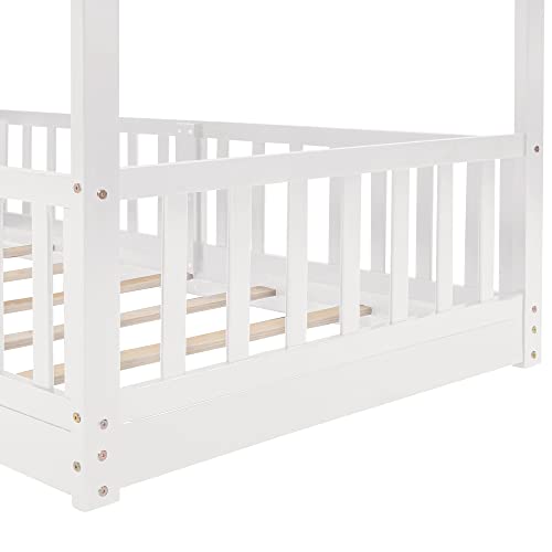 Bellemave Twin Over Twin Floor Bunk Bed with Slide and Ladder, Low Bunk Bed for Kids, Girls, Boys, Removable Fence, White with Fence