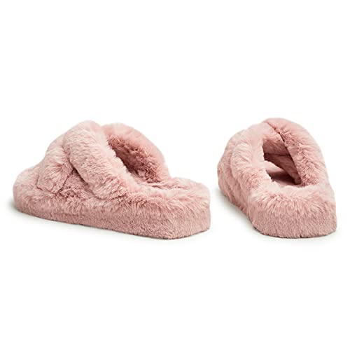YDN Women Fuzzy Memory Foam Slippers Furry Heeled Slides Open Toe Indoor Outdoor Sandals Cross Band Slip On House Shoes Size 4-15 US2