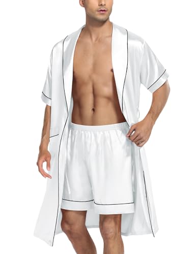 Swomog Men'S Silk Satin Bathrobe With Shorts Set Pocket Front Short Sleeve Sleepwear Belted Satin Robe cover