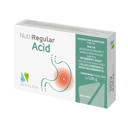 NutriRegular Acid - 40 comprimidos masticables - También para niños - Control de la acidez con malva, bicarbonato - Acción protectora gástrica - Sin azúcar ni gluten