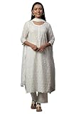 Aurelia Conjunto Kurta de algodón bordado con pantalón y Dupatta, Blanco, XXL
