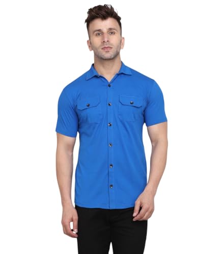 Image of Men's Half Sleeve Shirt - Spread Collar Casual Shirt with Double Flap Pockets - Slim Fit Cotton Blend Button-Down