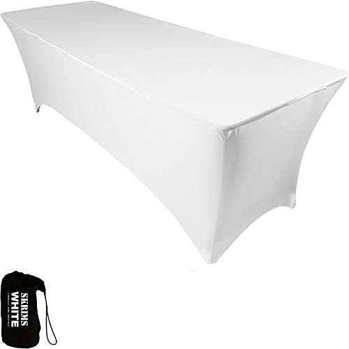 Pro DJ Event Table Scrim with Cable Pass-Through Holes - SKRIMS Rectangular Four-Way Stretch Spandex Table Cover - 4 ft. Elastic Tablecloth - White