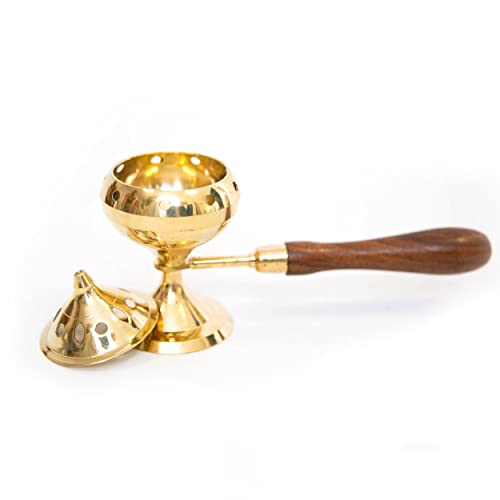 Quemador de Incienso de Bronce con Mango de Madera para Fumigación con Carbón Vegetal y Mezcla de Incienso de Resina Natural/Palo Santo/Quemador de Incienso para Rituales Esotéricos Quemador de Incien