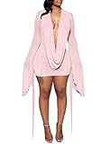 NRTHYE Women Sexy Mesh Mini Dress Draped Cowl Neck Backless Long Sleeve Cover Up Beach Cocktail Dresses