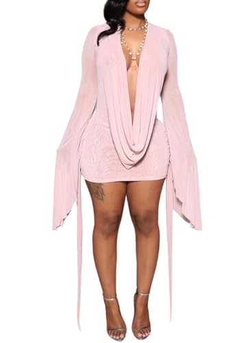 NRTHYE Women Sexy Mesh Mini Dress Draped Cowl Neck Backless Long Sleeve Cover Up Beach Cocktail Dresses