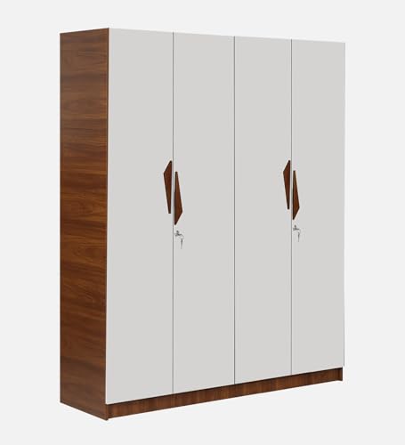 Image of Mintwud Pepperfry Engineered Wood Wardrobe with 4 Doors Storage and 2 Hanging Rod | Wooden Almirah Cupboard for Clothes Storage Organizer for Living Room Home Furniture (White Teak Finish)