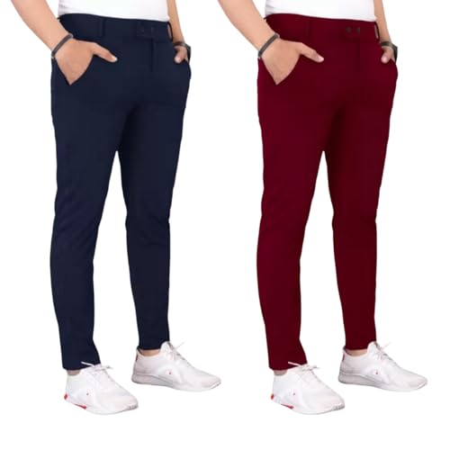 Men’s Slim Fit Lycra Blend Trousers - Pack of 2 | Stretchable For...