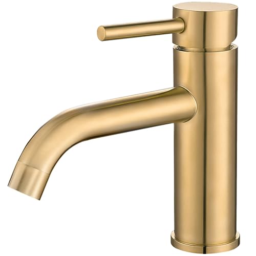 VALAZ Jabalon Round Brushed Gold Bathroom Sink Mixer Tap with Curved Spout Cold and Hot Water Mixer Tap Matt Brass