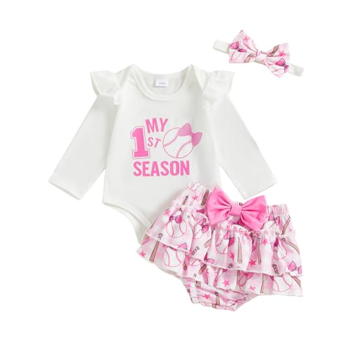 GINEVSAL Baby Girl Baseball Outfit My 1st Baseball Season Long Sleeve Romper Ruffle Skirt Shorts Headband Fall Clothes