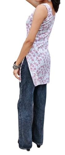 Image of Floral Sleeveless Kurti for Women - White and Purple - Bust Size 30 Only