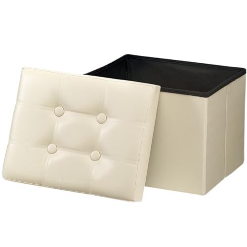 Image of Bsketa Storage Ottoman Bench,17 Inch Folding Leather Foot Rest Stool,Beige | Ottoman with Storage, Thicker Foam Padded Seat, Living Room, Dorm, Bedroom, Load 330 lbs, Easy to install,17x13x13in