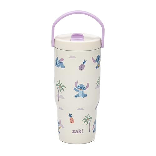 Zak Designs Disney Siply Sutton Tumbler For School or Travel 20oz Durable Stainless Steel Water Bottle With Handle and Leak-Proof Flip-Up Straw BPA Free (Stitch)