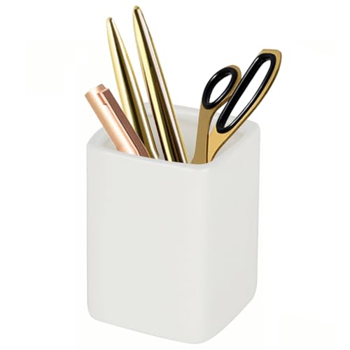 Image of Square Ceramics Desk Pencil Holder With Metal Frame, Suitable for Offices and Homes(Off White)