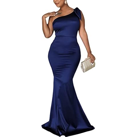 FairyLove Womens Sexy One Shoulder Ruched Party Evening Bodycon Club Cocktail Midi Dresses NavyBlue Cover