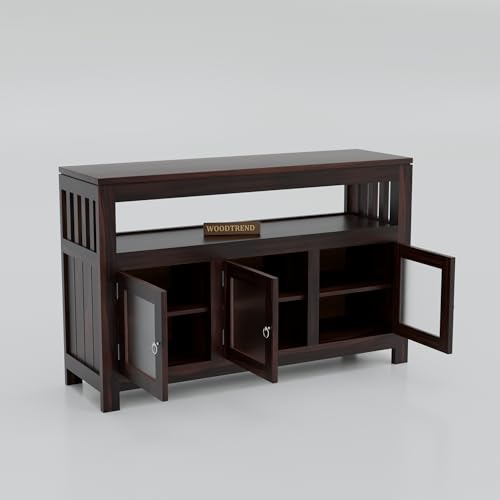 Image of Solid Wood Sideboard Cabinet for Living Room | Wooden Storage Cabinet with Acrylic Glass Doors & Open Shelf (Walnut Finish)