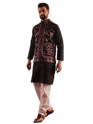 Image of SOJANYA Men's Silk Blend Black Kurta & White Pyjama With Velvet Paisley Design Nehru Jacket