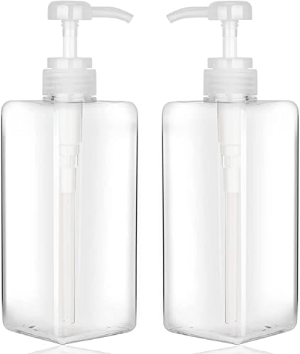 Pump Bottle Dispenser Refillable Square Refillable Plastic Empty Lotion Soap Dispenser for Essential Oil Soap Lotion Shampoo Bathroom/Kitchen/Travel 22oz/650ml 2PCS (Clear)
