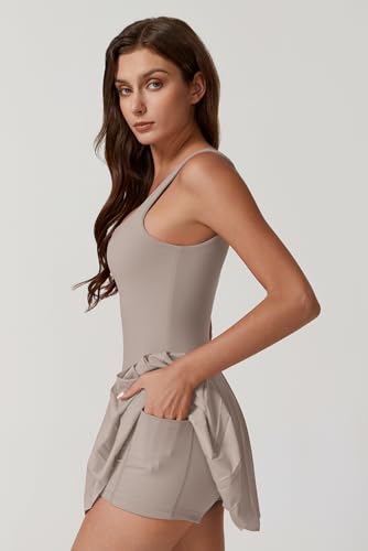 Image of QINSEN Womens Square Neck Tennis Dress Pleated Sleeveless Built in Shorts Golf Athletic Dress with Pockets