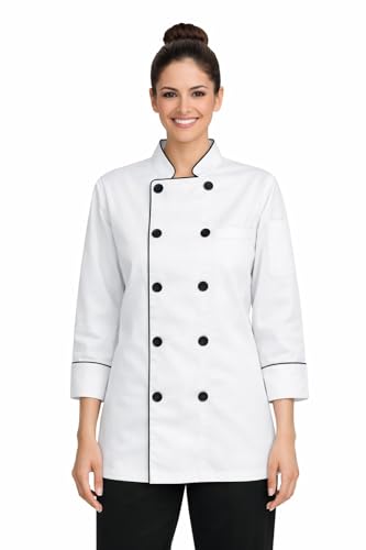 Image of Same Fit Women Chef Coat for Hotel Restaurant & Kitchen Staff | White Chef Uniform with Black Piping | Professional Chef Jacket for Women