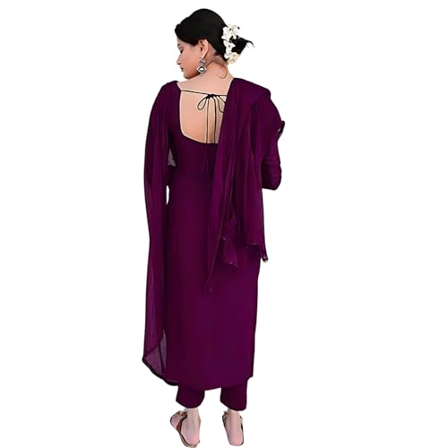 Image of Anveri Textiles Women's Cotton Blend Kurti with Square Neck Long Sleeves Solid Pattern A Line Style Ankle Length and Dupatta Set