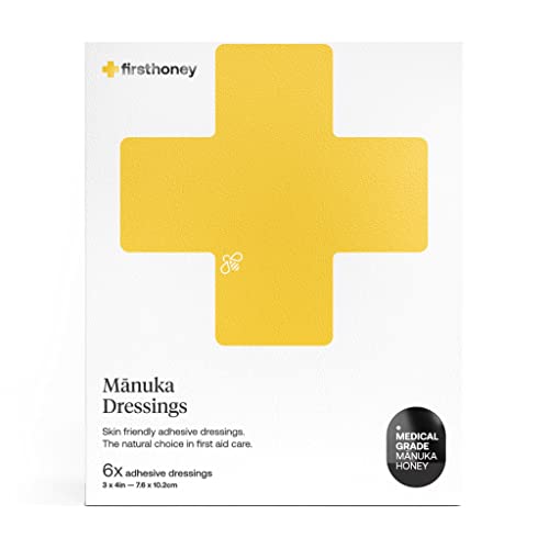 First Honey Manuka Honey Adhesive Bandages - 6 Pack | Latex Free Antibiotic Free Wound Dressing | Medical Grade Honey Adhesive Pads | First Aid Care Burns Cuts Scrapes Wounds Lacerations