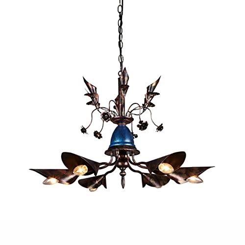 Lustre suspension vintage en métal LRUII avec 6 douilles bougies pour chambre