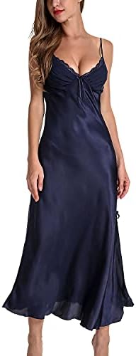 Lu's Chic Women's Satin Nightgown Dress Silk Lace Sleeveless Long Chemise Lingerie Sleepwear Navy US L (Tag3XL)