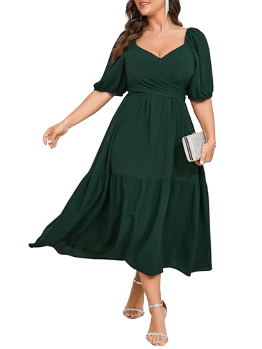 Plus Size Wedding Guest Dress Wrap V Neck Short Sleeve Elastic Waist Flowy A Line Cocktail Formal Maxi Dresses