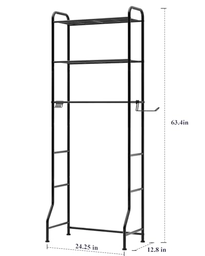 Image of Kitsure Over Toilet Storage Rack - Metal Over Toilet Bathroom Organizer Shelf, Over The Toilet Storage Cabinet with Paper Holder and Hooks, Bathroom Cabinet for Laundry, Black, 3 Tiers (63.4 inch H)