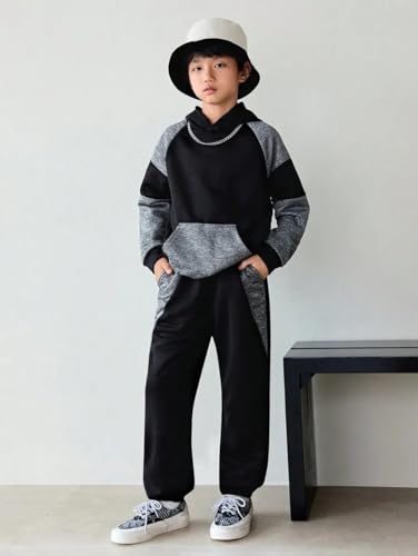 5-11Y Boys Clothes Long Sleeve Hooded Pullover Colorblock Sweatshirt + Pants 2pcs Fall Winter Outfit Set4