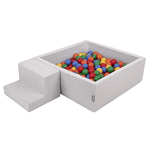 KiddyMoon Aire De Jeux en Mousse avec Carré Piscine À Balles (200 Balles) pour Enfants, Gris Clair: Jaune/Vert/Bleu/Rouge/Orange