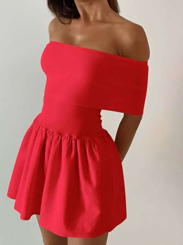 Image of Atizon Women's Summer Off The Shoulder Mini Dress Casual Short Sleeve Trendy Cocktail Party A Line Dresses