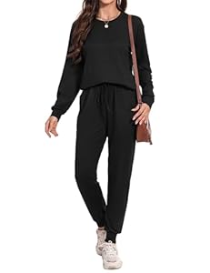 Irevial Damen Tracksuit Langarm Rundhalsausschnitt Zweiteiler Trainingsanzug Set Jogginganzug Einfarbig Sportanzug Hausanzug 2 Teilig Freizeitanzug Sportswear Sweatshirt & Jogginghose Schwarz L