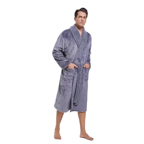 Men‘s Shawl Collar Fleece Robe,Soft Warm Long Bathrobe for men,Lightweight Spa Male Robe3