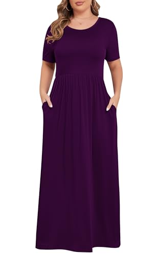 Image of KARALIN Women Plus Size Maxi Dress Short Sleeve Round Neck Loose Fit A-Line | Plus Size Long Dress,Summer Casual Maxi Dresses,Short Sleeve,Side Pockets,Round Neck,Elastic Waist,14 Plus - 26 Plus