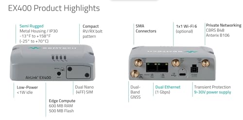 Image of Semtech AirLink EX400 5G Redcap IoT Router, LTE Cat‑4, Dual Ethernet, Ultra‑Low Power, Semi‑Rugged Industrial Gateway, No Wi-Fi, 1 Year AirLink Complete -1105302