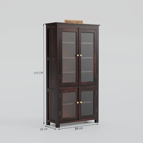 Image of Solid Sheesham Wood Crockery Cabinet with 4 Acrylic Glass Doors | Wooden Wardrobe Kitchen Cabinet with 6 Shelves Storage | Bookcase for Living Room, Bedroom & Office | Walnut Finish