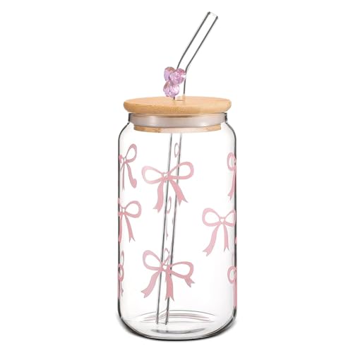 OUZHOU Gobelet avec couvercle et paille, nœud en verre avec couvercle et paille, verres à thé à bulles, verres à matcha résistants à la chaleur et au froid pour la bière, les cocktails, le jus et