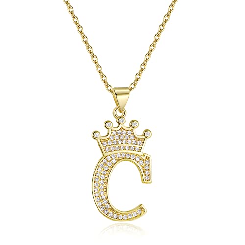 FOHOM Initial Necklaces for Women, 18K Gold Plated Letter Necklace Handmade Dainty Crown Pendant Necklace Cubic Zirconia Initial Necklace A-Z Necklace Jewelry for Teen Girls