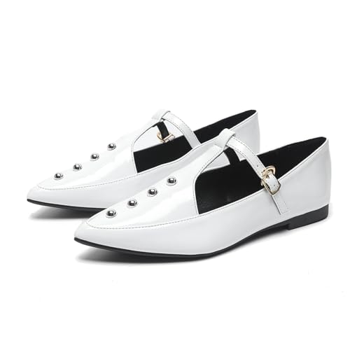 Women's T-Strap Pointed Toe Flats with Studded Decor Comfortable Adjustable Buckle Slip-On Flat Dress Mary Jane Shoes for Commuting Party Business Daily