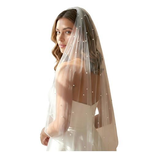 JEWSUN Pearls Bridal Veil Wedding Veil 1 Tier with Tulle-Wrapped Metal Comb Pencil Edge (White Fingertip length 90cm/35.43 inches)