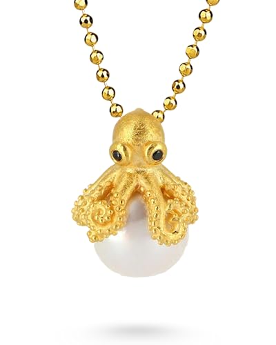 Drachenfels 'Meeresrauschen' Oktopus-Anhänger I Kettenanhänger aus goldplattiertem 925 Sterling Silber I Silber-Anhänger mit Perle & Spinellen I In Goldschmiedequalität gefertigt I D MSOK 33/AGG