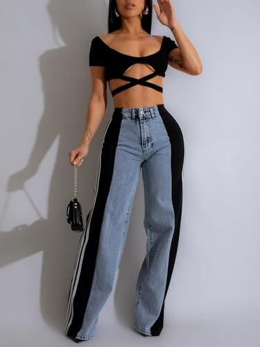 High Waisted Jeans for Women Wide Leg Denim Pants Fall Trendy Patchwork Striped Pants Baggy Two Tone Jeans3