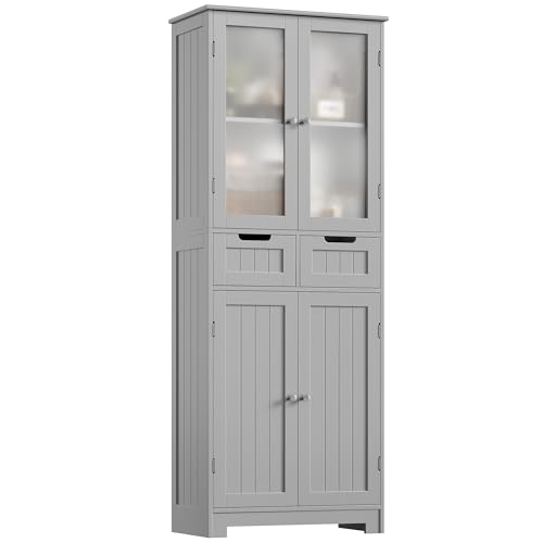 HOCSOK Meuble de Salle de Bain, Meuble de Rangement avec Tiroirs et Armoire avec la Porte, Armoire Haute en Bois pour Salon, Cuisine, Gris