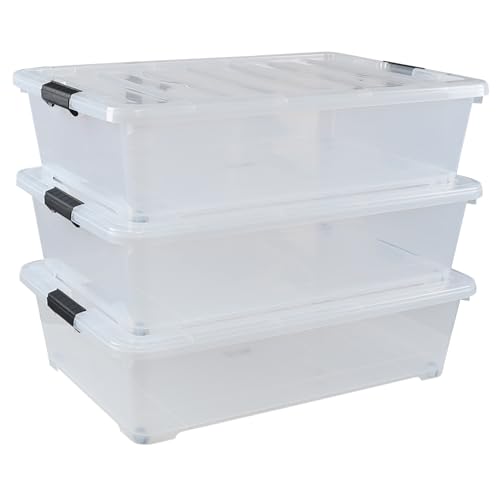 Fiazony 50 L Large Plastic Storage Underbed Container, 3-Pack Clear Under Bed Storage Bins with Wheels