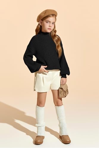Image of rrhss Girls Mock Neck Loose Knit Sweaters Kids Long Sleeve Slouchy Warm Cute Fashion Pullover Tops 5-14 Years Black