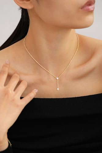 Gold/Silver Necklace for Women, Dainty 14K Gold/Sterling Silver Plated Necklaces, Minimalist CZ Diamond Pearl Pendant Trendy Satellite Y-Shaped Chain Jewelry Gift for Women4