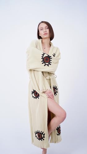 Handmade Brown Evil Eye Boho Festival Kimono Beachwear Cover Up Robe Spa Robe, Beige2